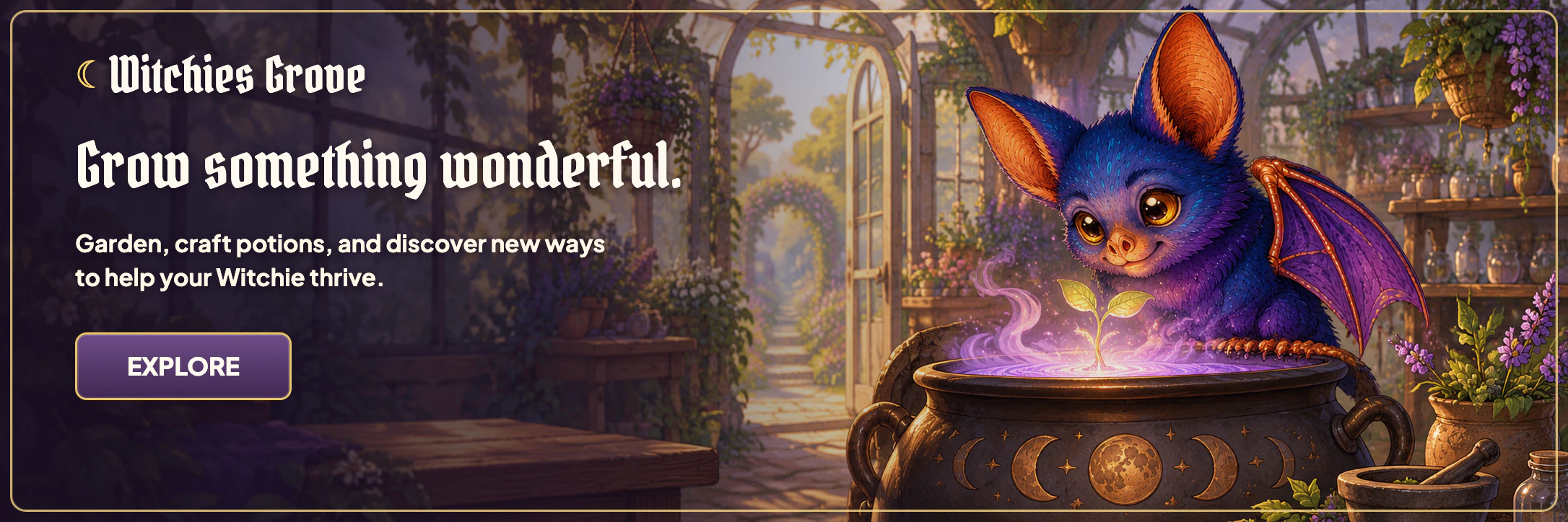 An adult Flutterfang tends a magical sprout over a cauldron. Garden, craft potions, and help your Witchie thrive in Witchies Grove.