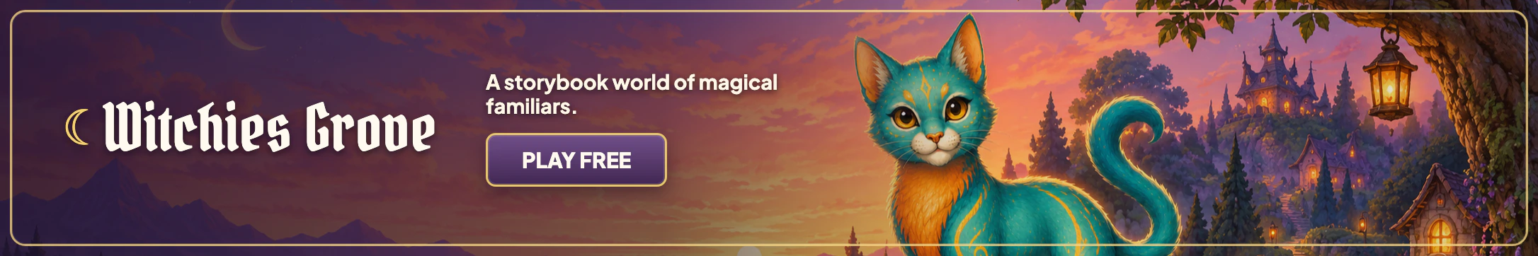 Witchies Grove sunset banner with an adult Purrikin overlooking the illuminated Grove. Play free.