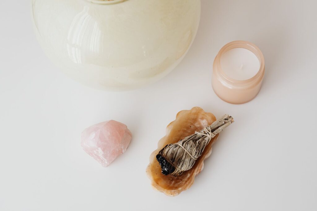 Crystals arranged for a simple magical practice.