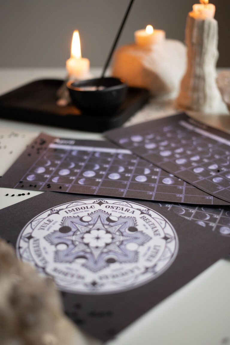 A seasonal witchcraft table suitable for sabbat planning and ritual notes.