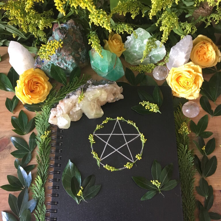 A Book of Shadows on an altar with plants and crystals.