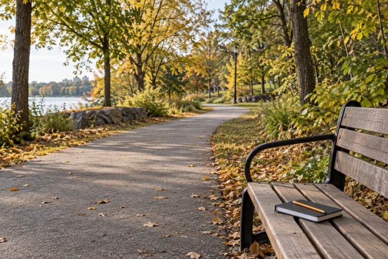 A paved autumn park path beside a bench with a pocket notebook and pencil.