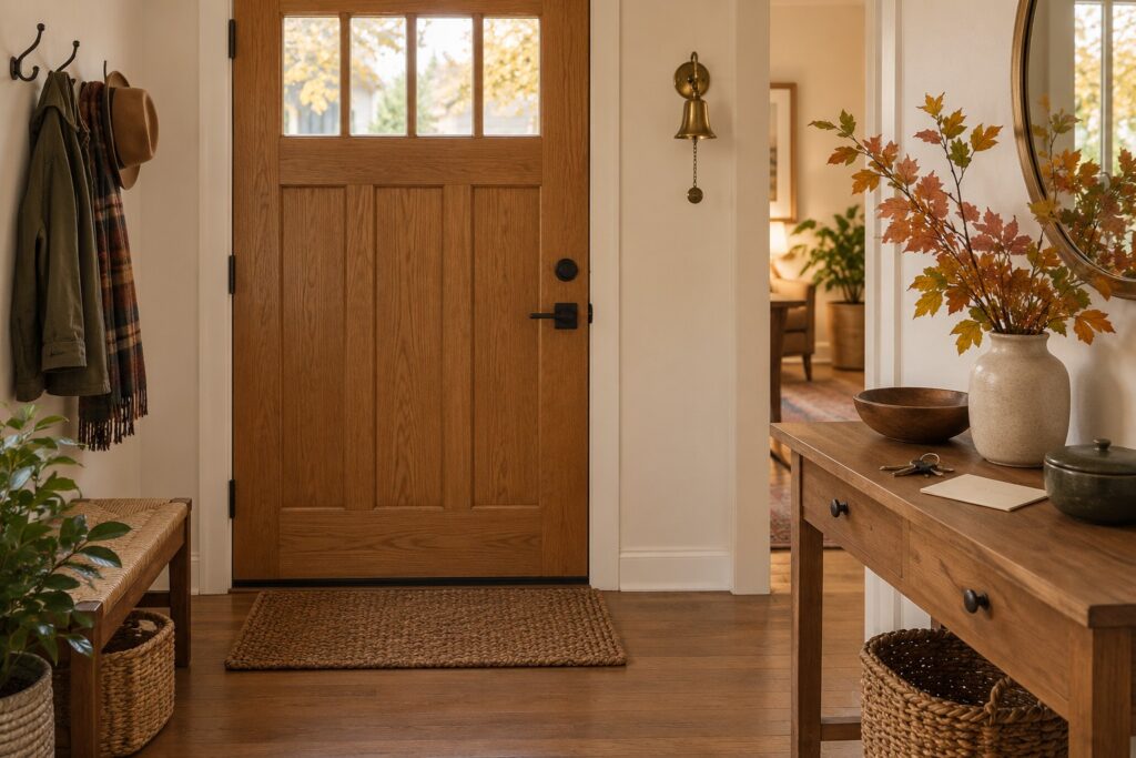 A tidy apartment entrance with keys, a folded note, and a brass doorway bell.