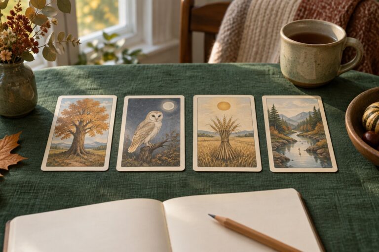 Four tarot cards laid out beside a journal on a green cloth.