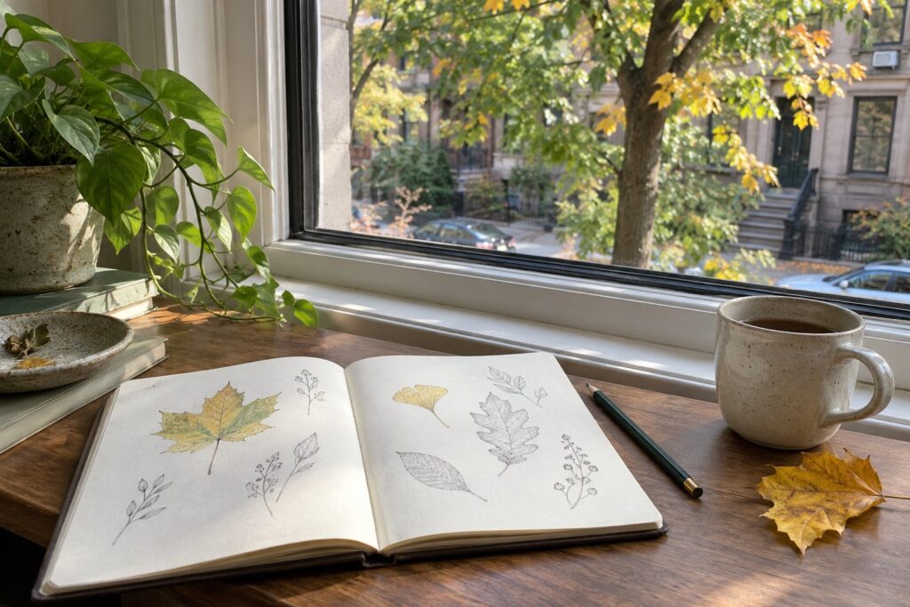 An open nature journal with leaf sketches and a pencil beside a courtyard window.