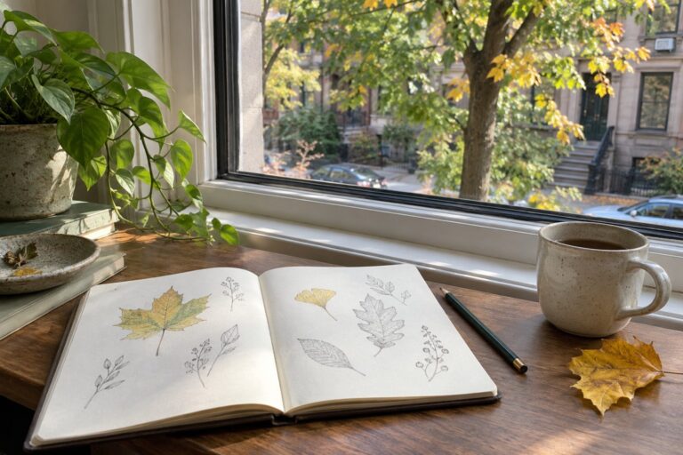 An open nature journal with leaf sketches and a pencil beside a courtyard window.