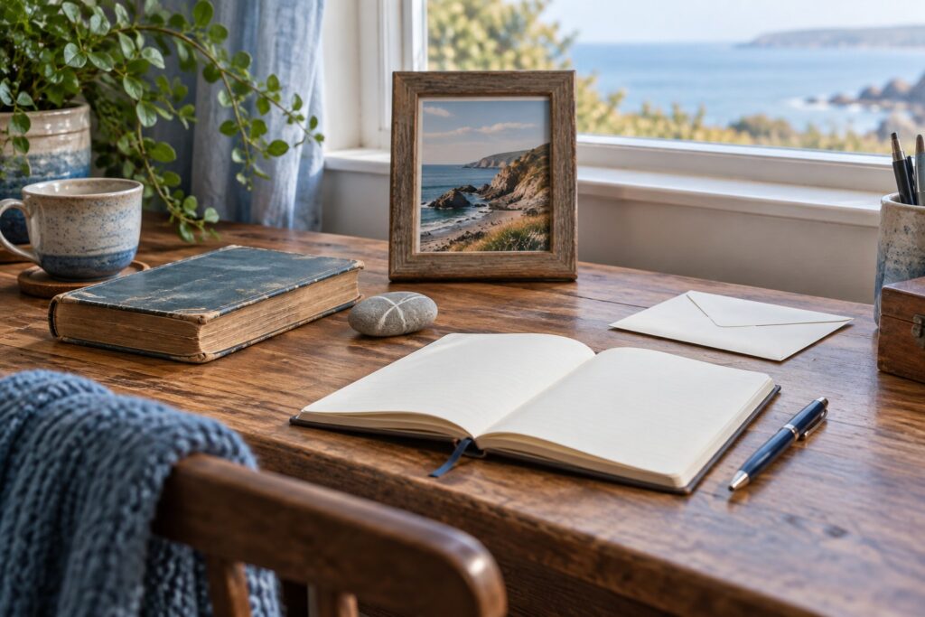 A memory-writing desk with a notebook, keepsakes, and a framed seaside photograph.